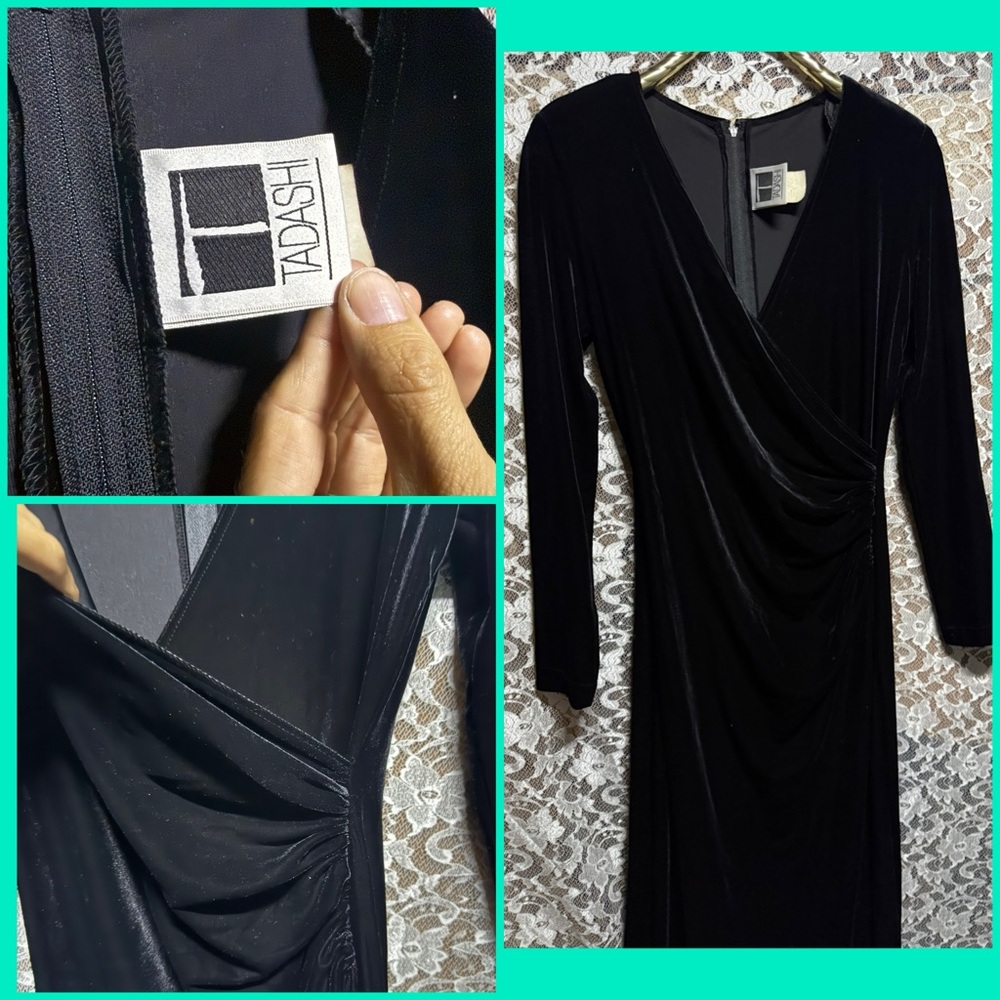 Tadashi vintage 90s Black Velvet deep v neck Maxi Dress w rushing XL like new